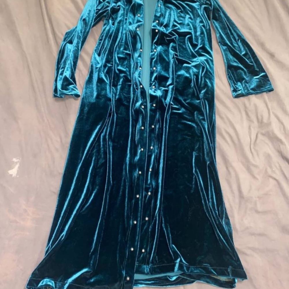 Vintage Teal Velvet Button-Front Robe/Duster Dress / Long Jacket, Medium